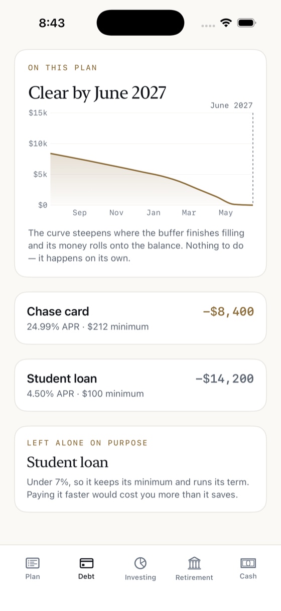 A debt tab headed 'Clear by June 2027', with a balance curve falling from about $8,400 to zero, steepening in the final months. Below it, a Chase card at minus $8,400 and a student loan at minus $14,200 marked 'left alone on purpose'.