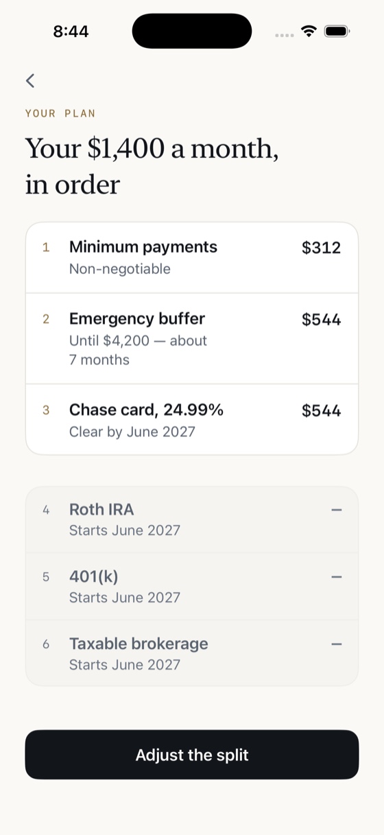 The Tapedeck app showing $1,400 a month assigned in order: $312 to minimum payments, $544 to an emergency buffer until $4,200, and $544 to a Chase card at 24.99% clearing by June 2027. Below, dimmed and not yet funded, a Roth IRA, a 401(k) and a taxable brokerage account, each starting June 2027.
